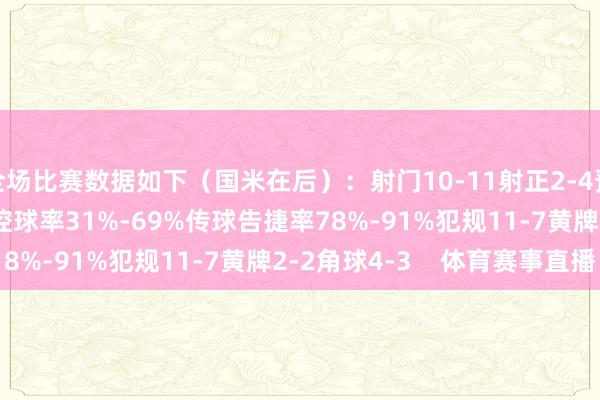 全场比赛数据如下（国米在后）：射门10-11射正2-4预期进球0.35-0.76控球率31%-69%传球告捷率78%-91%犯规11-7黄牌2-2角球4-3    体育赛事直播