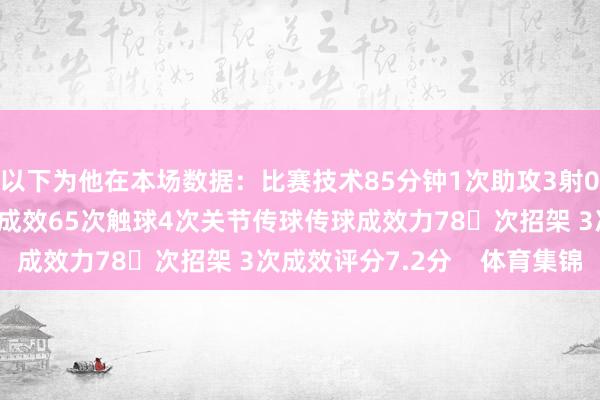 以下为他在本场数据：比赛技术85分钟1次助攻3射0正5次过东说念主1次成效65次触球4次关节传球传球成效力78次招架 3次成效评分7.2分    体育集锦
