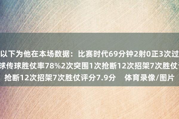 以下为他在本场数据：比赛时代69分钟2射0正3次过东谈主均胜仗29次触球传球胜仗率78%2次突围1次抢断12次招架7次胜仗评分7.9分    体育录像/图片